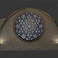 Casement Window Architectural Design With Stained Glass And Stone Masonry Illuminated By Lighting