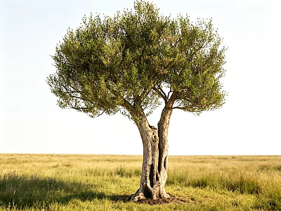 Lone Tree Standing in Vast Grassland With Textured Trunk and Lush Foliage Under Clear Sky 3d model