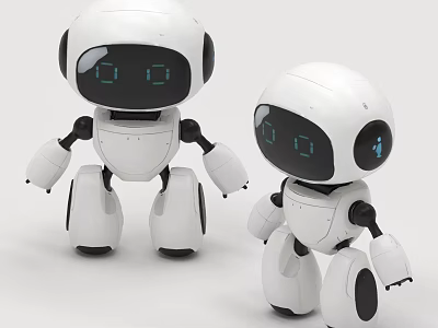 Two White Smart Robots With Black Facial Screens And Blue 3d model