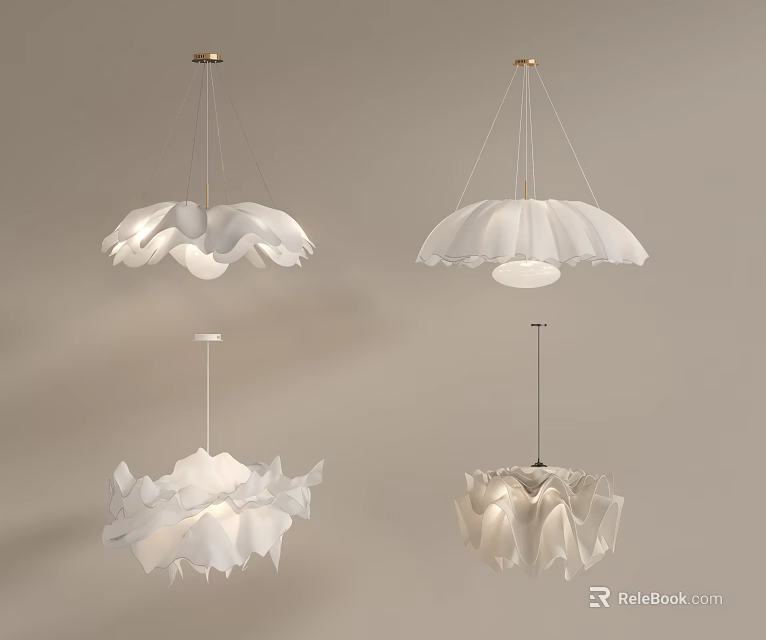 Modern White Chandeliers with Petal Shaped and Pleated Designs in Various Styles 3d model 