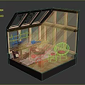 Cartoon Greenhouse Scene With Windows Plants Chair Green Cart Yellow Bucket And Tile Floor
