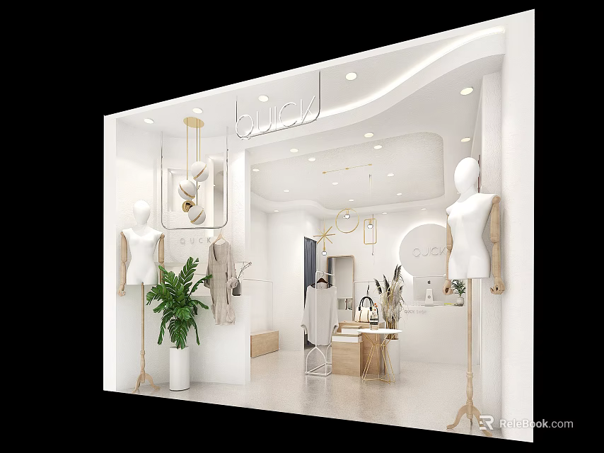 Modern Minimalist Clothing Store With Mannequins Green Plant And Decorative Lights 3d model 