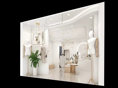 Modern Minimalist Clothing Store With Mannequins Green Plant And Decorative Lights 3d model