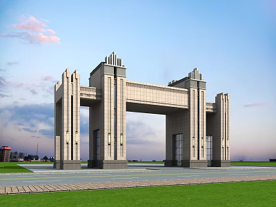 Grand Classical Entrance Gate With Stone Pillars Decorative Towers And Lawn Surroundings 3d model