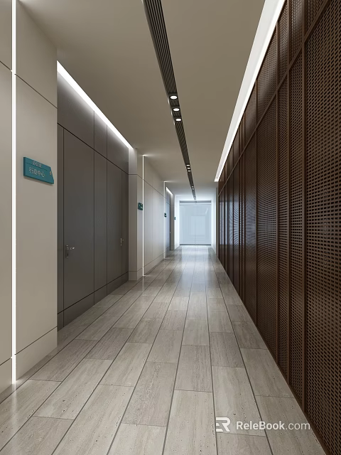 Modern Office Corridor with Recessed Lights Wooden Walls and Polished Floor Tiles 3d model 