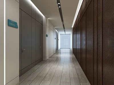 Modern Office Corridor with Recessed Lights Wooden Walls and Polished Floor Tiles 3d model