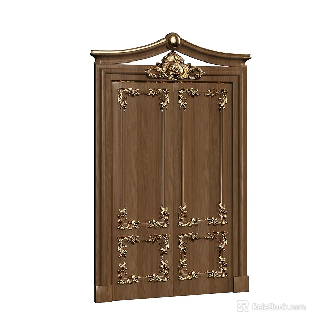 Classic Ornate Wooden Double Doors With Intricate Golden Carvings And Top Decorative Accent 3d model 