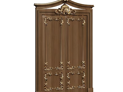 Classic Ornate Wooden Double Doors With Intricate Golden Carvings And Top Decorative Accent 3d model