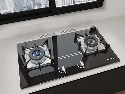 Sleek Black Glass Gas Stove On White Kitchen Countertop Near Window Background 3d model