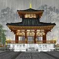Traditional Chinese Pavilion With Black Tiled Roof Wooden Structure In Rainy Scenic View