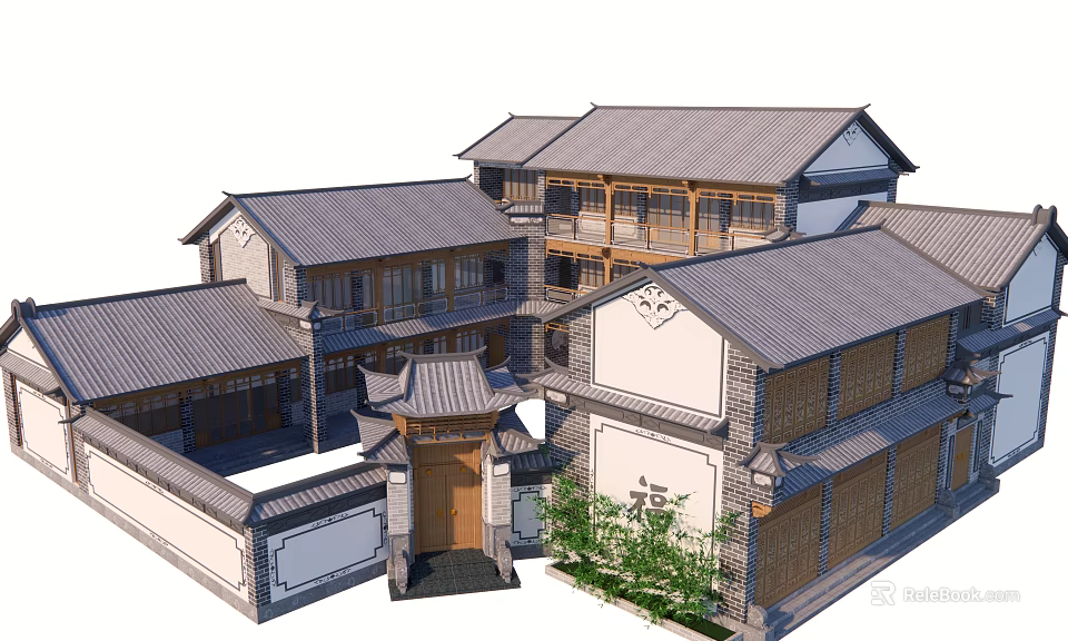 Rural Self Built House With Chinese Traditional Style Gray Tile Roof And Courtyard 3d model 