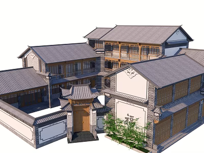 Rural Self Built House With Chinese Traditional Style Gray Tile Roof And Courtyard 3d model