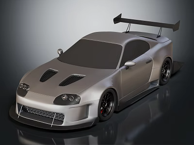 Silver Sports Car With Racing Rear Spoiler And Sporty Black Wheels Design 3d model