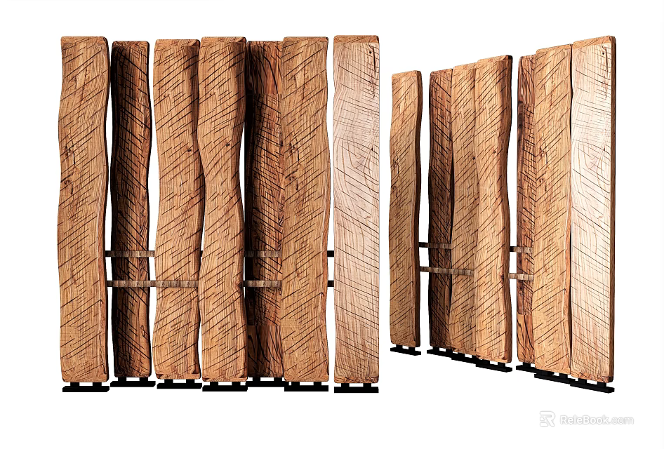 Natural Wooden Room Divider With Vertical Slats And Sturdy Black Base 3d model 