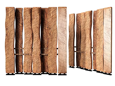 Natural Wooden Room Divider With Vertical Slats And Sturdy Black Base 3d model