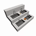 Multiple Modern Stainless Steel Kitchen Sinks Displayed On Countertop With Faucets And Fruits