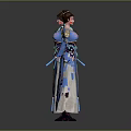 Ancient Female Character With Traditional Blue Purple Gold Costume And Mythical Creature Pattern Front Back Design