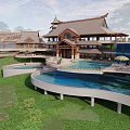Traditional Style Resort Hotel Building with Circular And Rectangular Swimming Pools Green Lawns And Terraces