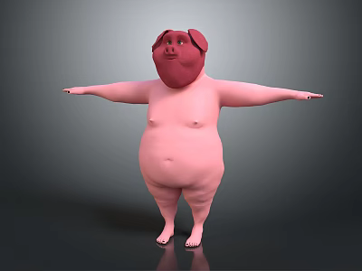 3D Cartoon Pig Character With Pink Chubby Body Arms Outstretched Standing Pose 3d model