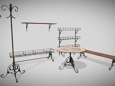 Garden Ornaments With Wrought Iron Plant Stands Wall Mounted Shelves Round Table And Bench 3d model