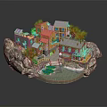 Colorful Coastal Village Houses On Rocky Shore With Boats Trees And Water