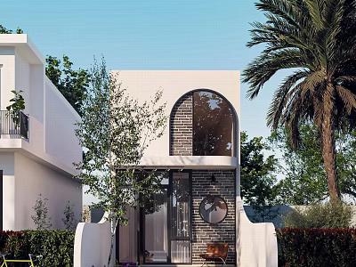 Modern Detached Villa Exterior With Arched Window Palm Tree And Greenery 3d model