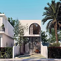 Modern Detached Villa Exterior With Arched Window Palm Tree And Greenery 3d model