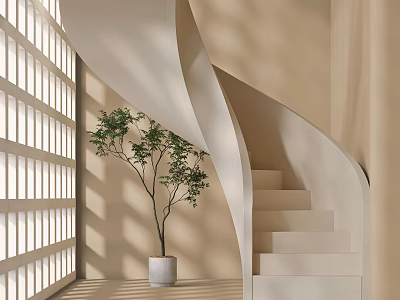 Elegant Spiral Staircase Design With Beige Walls Potted Plant And Soft Natural Light 3d model