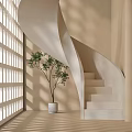 Elegant Spiral Staircase Design With Beige Walls Potted Plant And Soft Natural Light