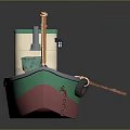 Colorful Small Model Boat With Green Top White Pink Bottom Wooden Plank Tire Crate Lanterns