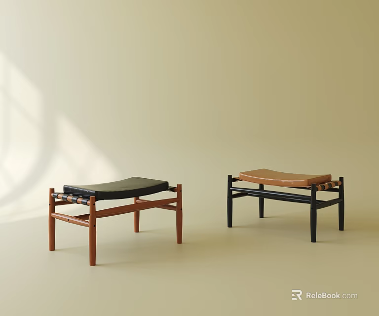 Minimalist Sofa Stools With Wooden Frame And Black Brown Cushions On Light Background 3d model 