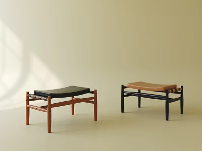 Minimalist Sofa Stools With Wooden Frame And Black Brown Cushions On Light Background 3d model
