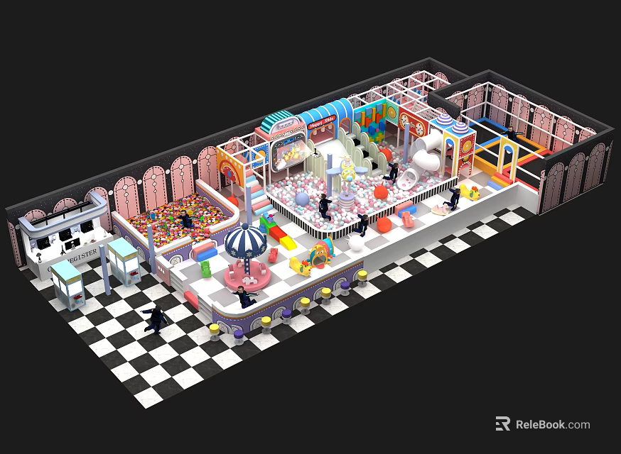 Colorful Indoor Playground With Slide Carousel Black And White Checkered Floor And Kids Activity Areas 3d model 