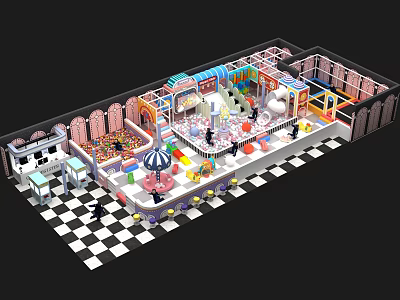 Colorful Indoor Playground With Slide Carousel Black And White Checkered Floor And Kids Activity Areas 3d model