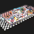 Colorful Indoor Playground With Slide Carousel Black And White Checkered Floor And Kids Activity Areas