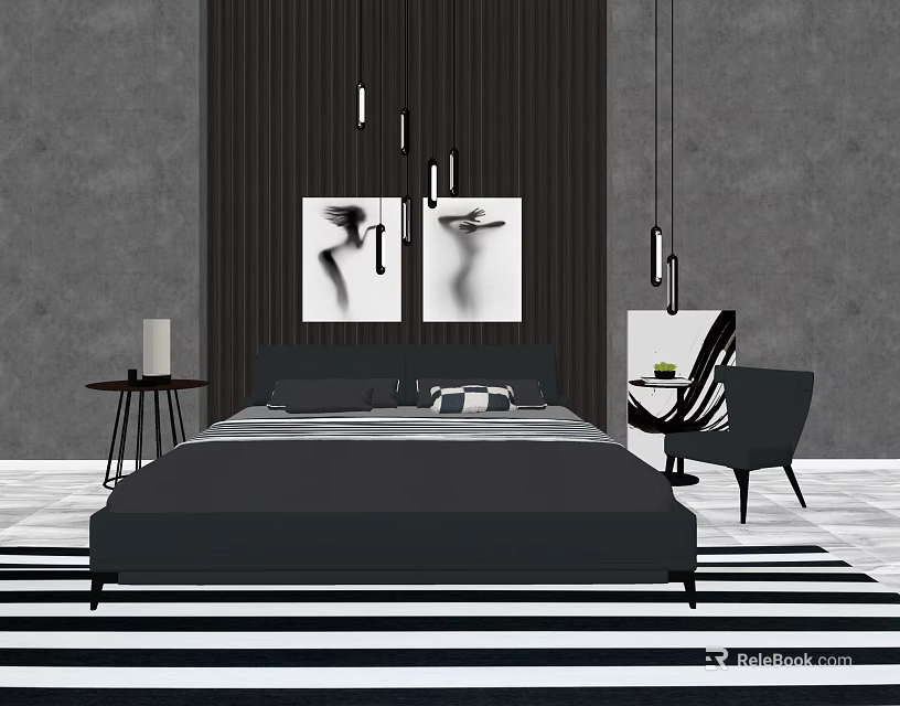Modern Background Double Bed With Dark Wall Artwork Striped Floor And Pendant Lights 3d model