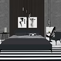 Modern Background Double Bed With Dark Wall Artwork Striped Floor And Pendant Lights 3d model