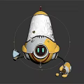 Cartoon Yellow Robot Character With Mechanical Head Green Eyes Red Top And Legs