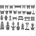 Traditional Garden Ornaments Collection Featuring Tower Shaped Incense Burners And Pavilion Designs