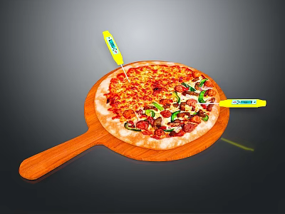 Freshly Baked Pizza On Wooden Paddle With Vegetable And Meat Toppings And Yellow Cutters 3d model