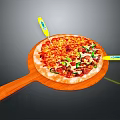 Freshly Baked Pizza On Wooden Paddle With Vegetable And Meat Toppings And Yellow Cutters
