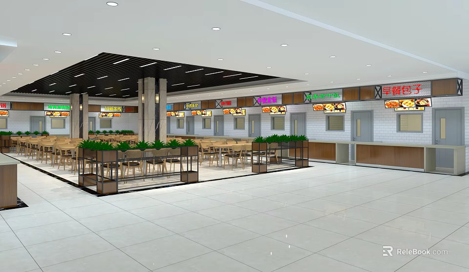Spacious Restaurant Interior With Open Layout Tables Chairs Green Plants And Food Counters 3d model 