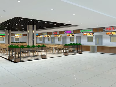 Spacious Restaurant Interior With Open Layout Tables Chairs Green Plants And Food Counters 3d model