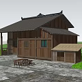 Ancient Chinese Wooden Building Featuring Traditional Roof Design Stone Pavement And Green Surroundings