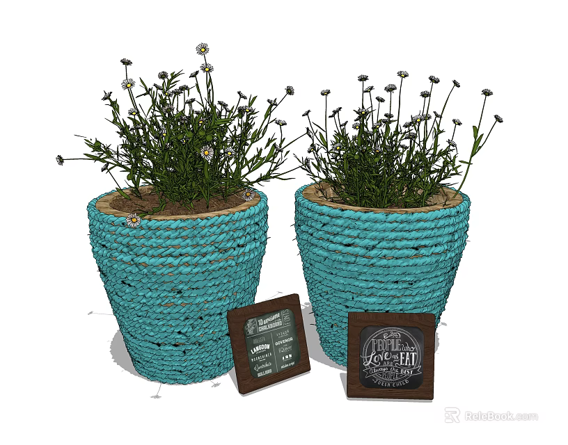 Decorative Potted Green Plants in Blue Woven Pots with Small Wooden Frames 3d model 