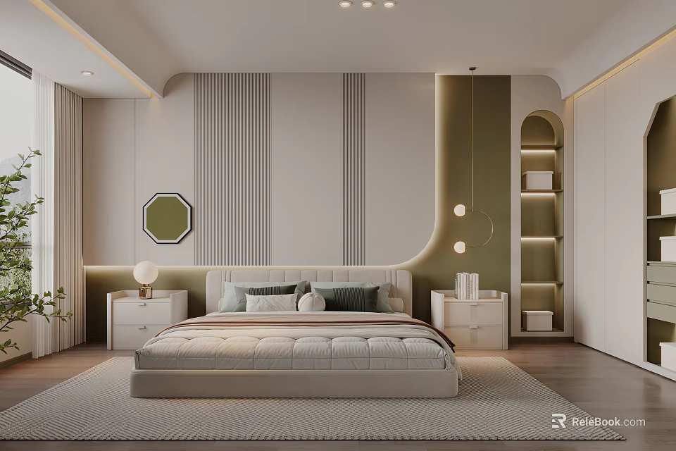 Kids Room Interior With Bedside Tables Green Decorative Painting And Arched Wall Design 3d model 