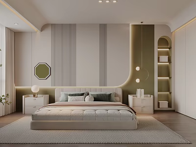 Kids Room Interior With Bedside Tables Green Decorative Painting And Arched Wall Design 3d model