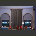 Cartoon Scene of Vintage Interior with Arched Windows Columns Red Tables and Bar Counter