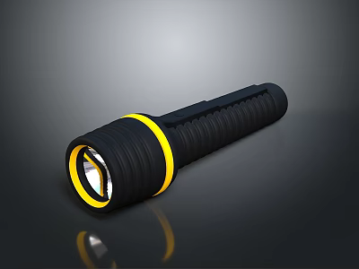 Modern Black Flashlight With Yellow Ring And Textured Grip For Handheld Use 3d model