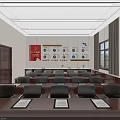 Spacious Meeting Room With Long Table Black Chairs Red Bulletin Board And Blue Slogan